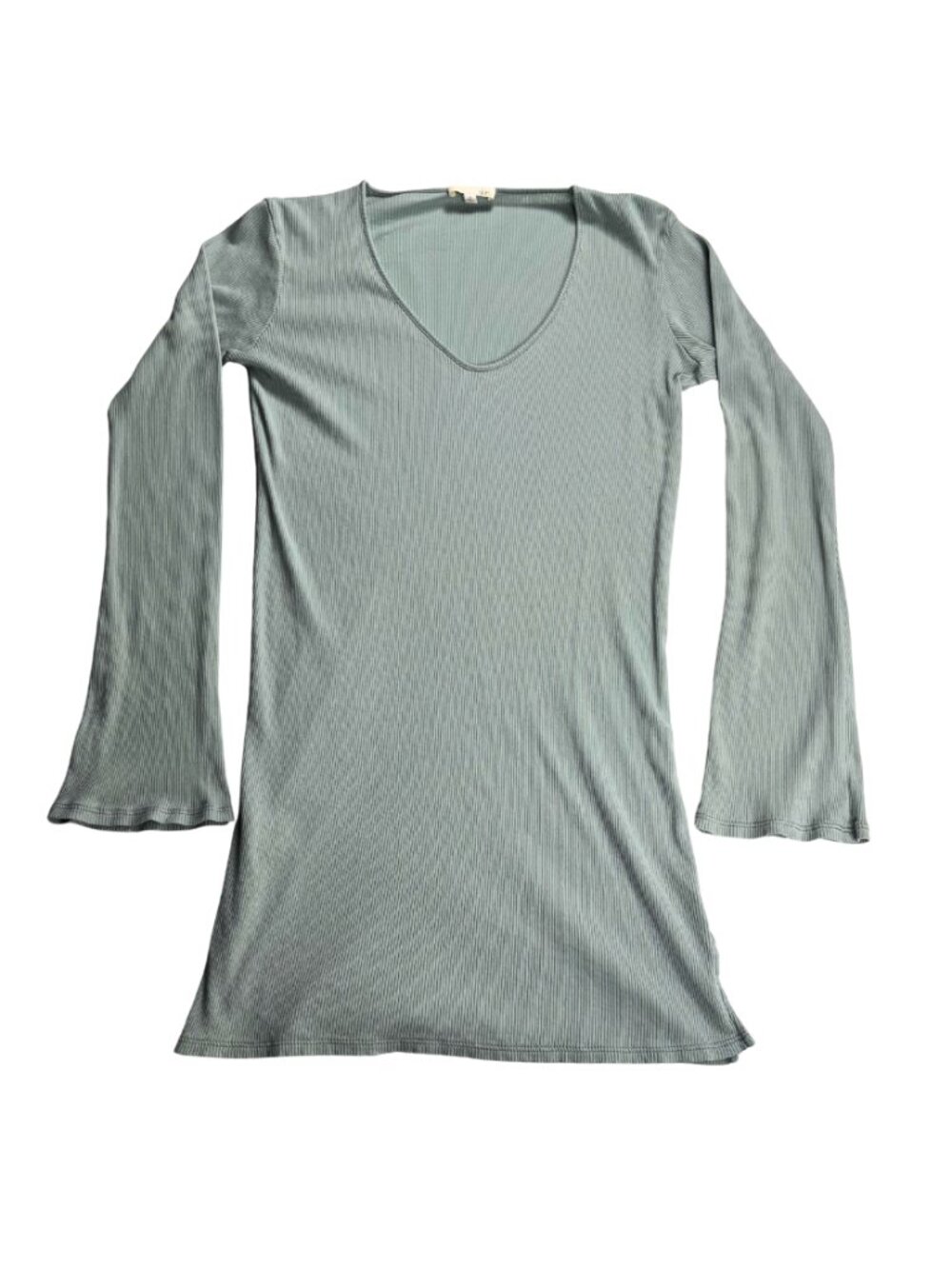 Skin Ribbed Long Sleeve V-Neck Top Sage Green Size 2 Pima Cotton Peru